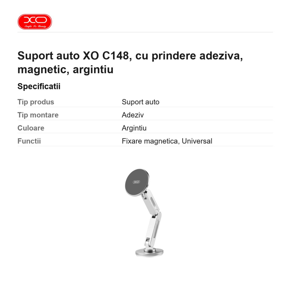 Suport auto XO C148, cu prindere adeziva, magnetic, argintiu [3]