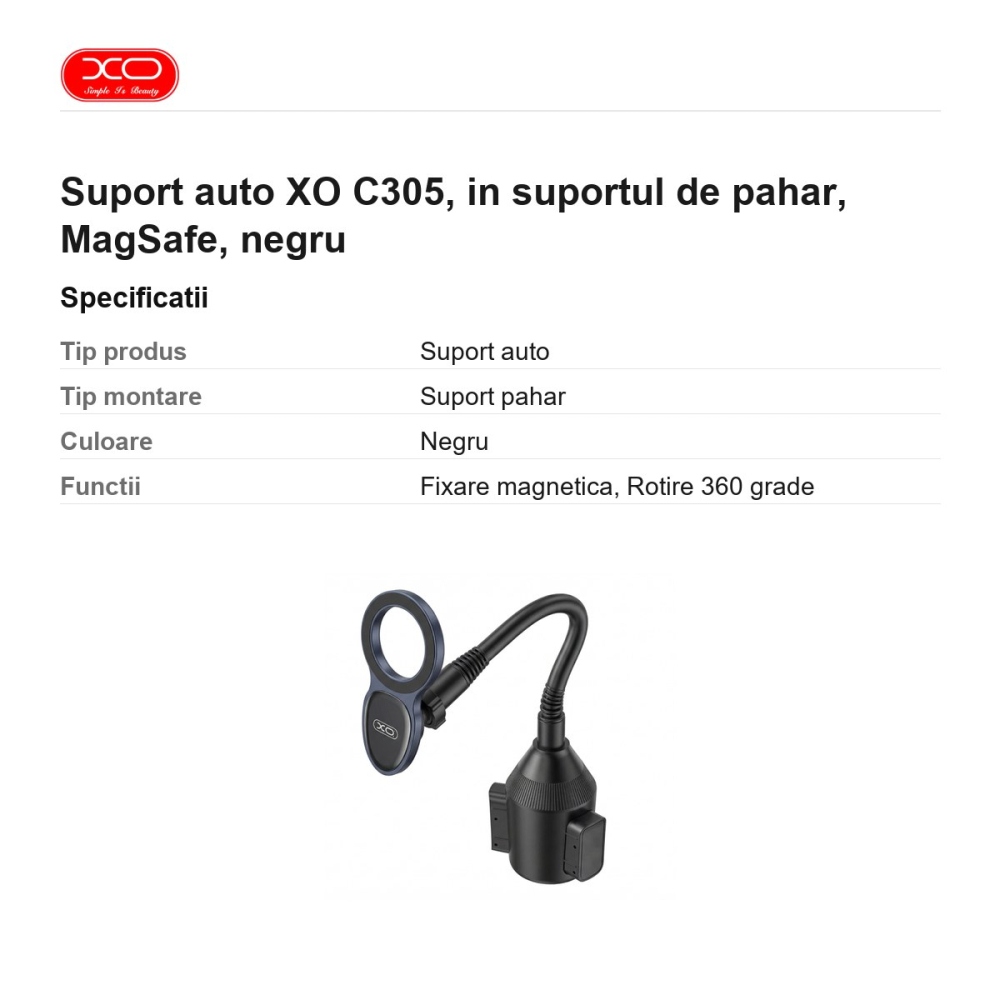 Suport auto XO C305, in suportul de pahar, MagSafe, negru [3]