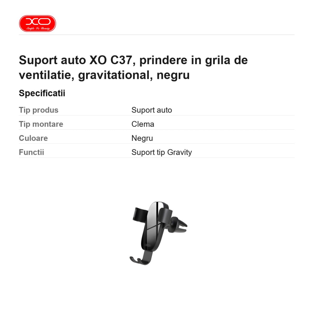 Suport auto XO C37, prindere in grila de ventilatie, gravitational, negru [3]
