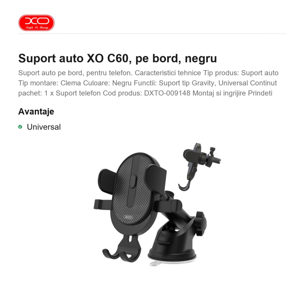 Suport auto XO C60, pe bord, negru [2]