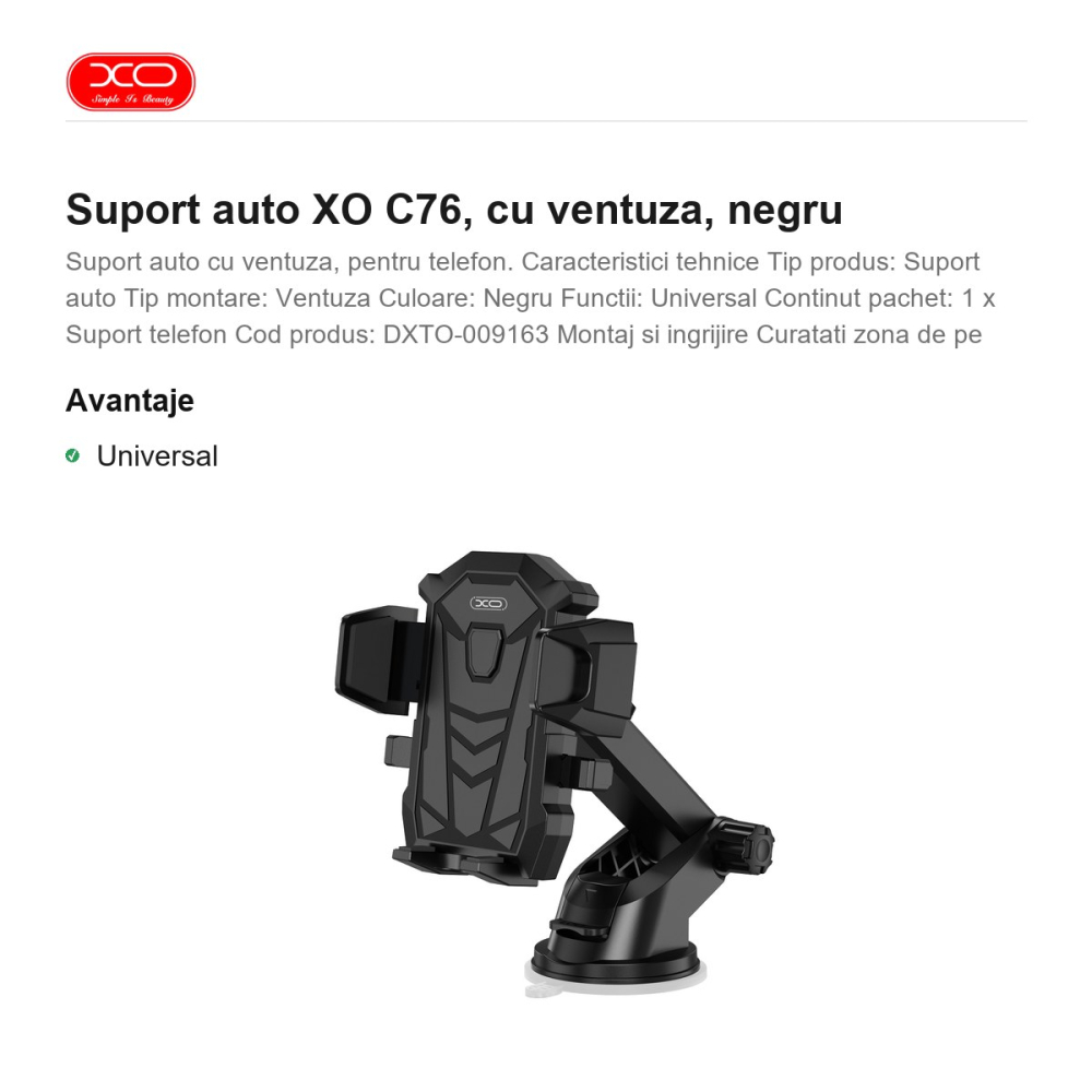 Suport auto XO C76, cu ventuza, negru [2]
