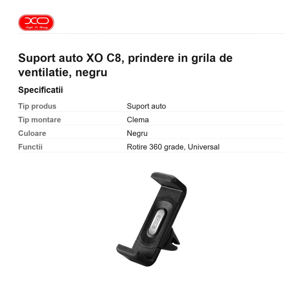 Suport auto XO C8, prindere in grila de ventilatie, negru [3]
