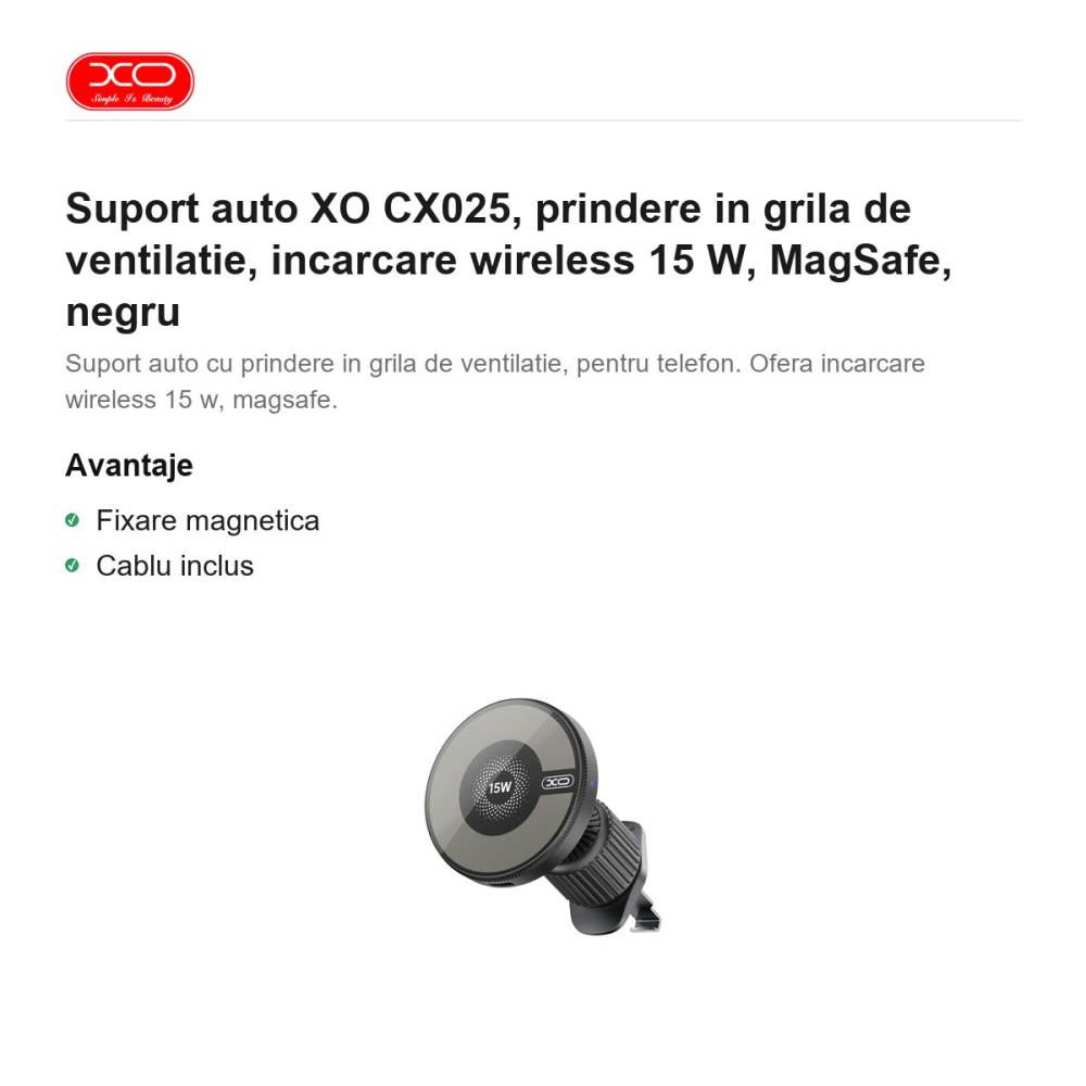 Suport auto XO CX025, prindere in grila de ventilatie, incarcare wireless 15 W, MagSafe, negru [2]