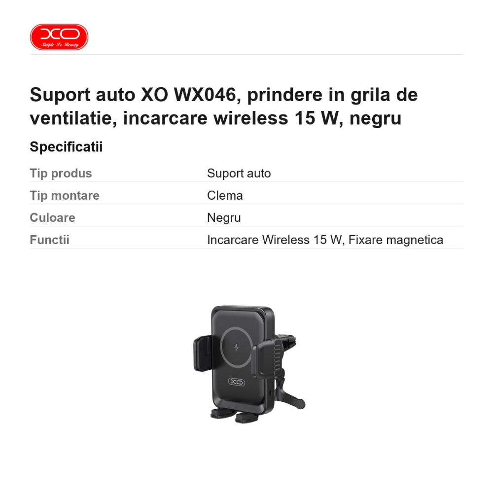 Suport auto XO WX046, prindere in grila de ventilatie, incarcare wireless 15 W, negru [3]
