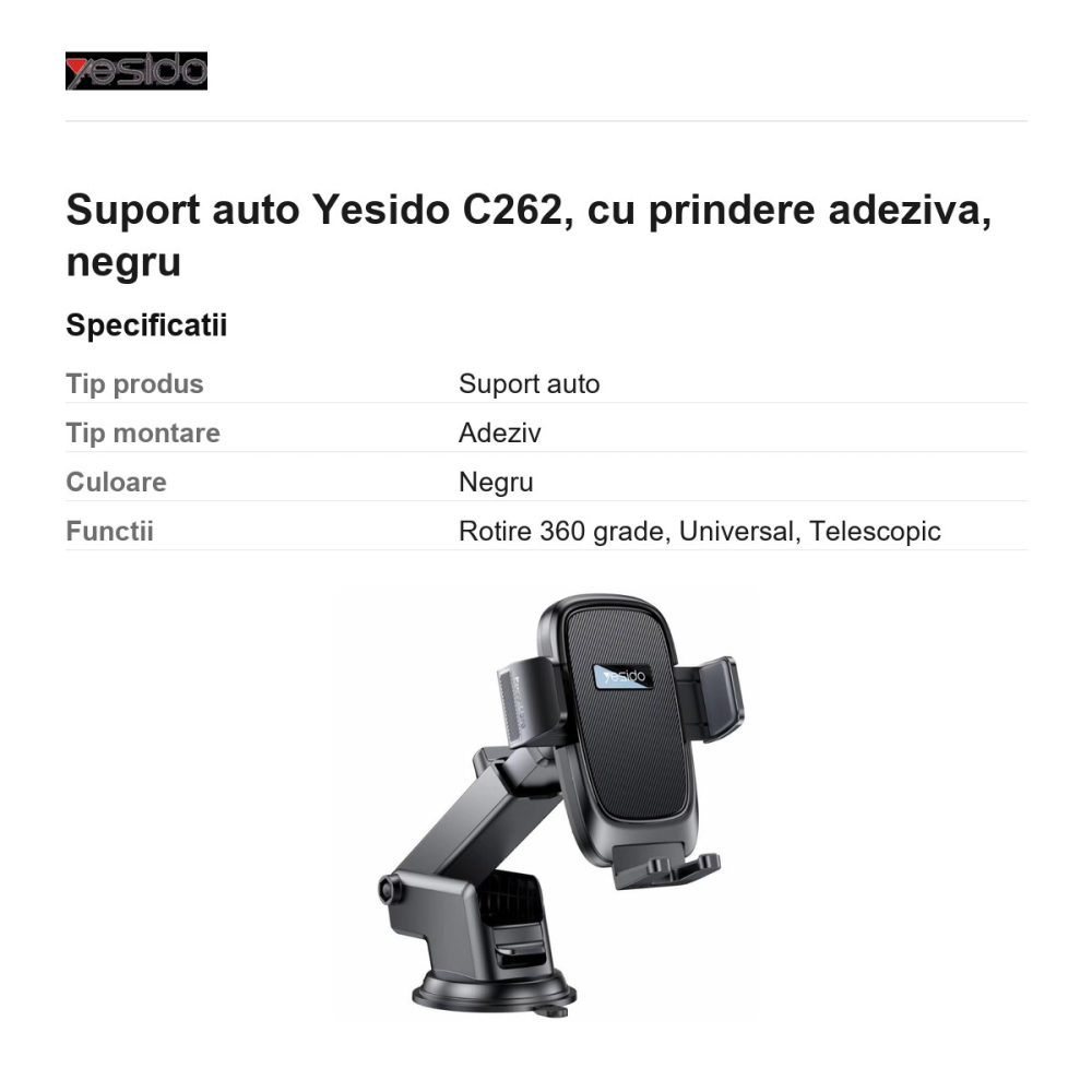 Suport auto Yesido C262, cu prindere adeziva, negru [3]