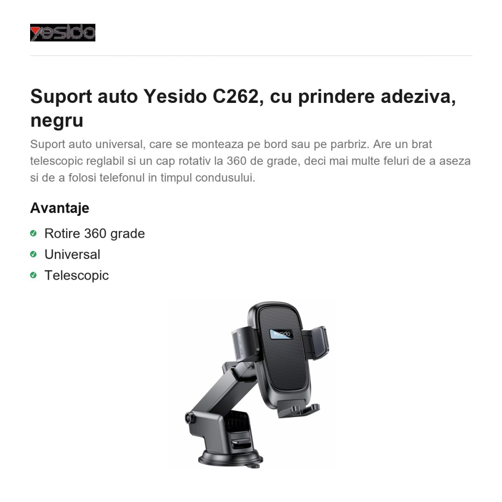 Suport auto Yesido C262, cu prindere adeziva, negru [2]