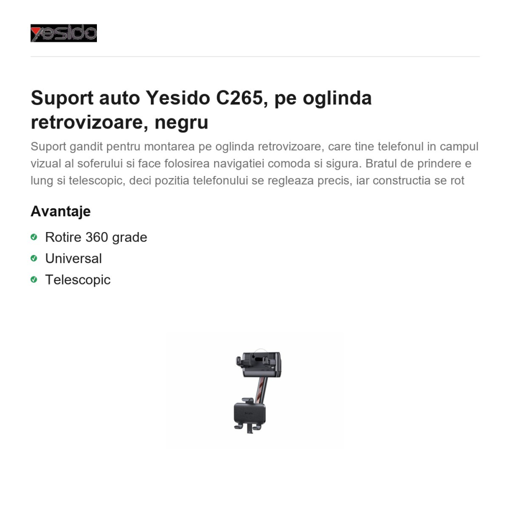 Suport auto Yesido C265, pe oglinda retrovizoare, negru [2]
