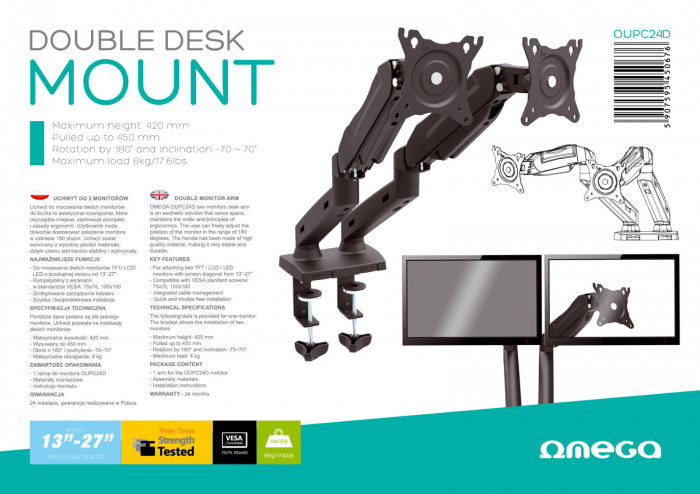 Suport birou 2 monitoare, Omega 45067, 13''-27'', inaltime maxima 420mm, rotatie 180° si inclinatie 70°, VESA 75x75 si 100x100, max.8 kg, negru [4]