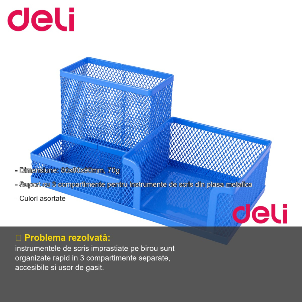 Suport birou 3 compartimente din plasa metalica Deli, organizator instrumente de scris pentru birou [2]