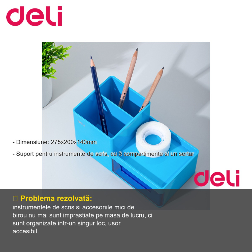 Suport birou Deli cu 3 compartimente si sertar, organizator instrumente de scris, pentru birou si scoala [2]