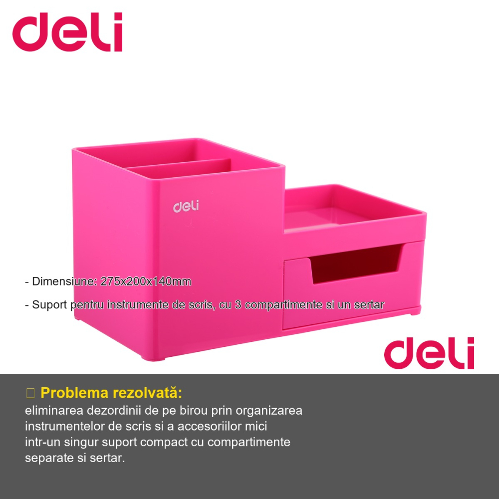 Suport birou Deli cu 3 compartimente si sertar, organizator roz pentru instrumente de scris [2]