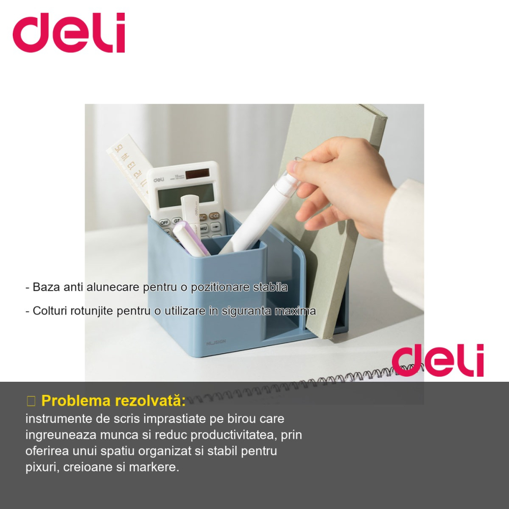Suport birou Deli NuSign cu 2 compartimente si 2 separatoare, din ABS, albastru, pentru organizare instrumente de scris [2]