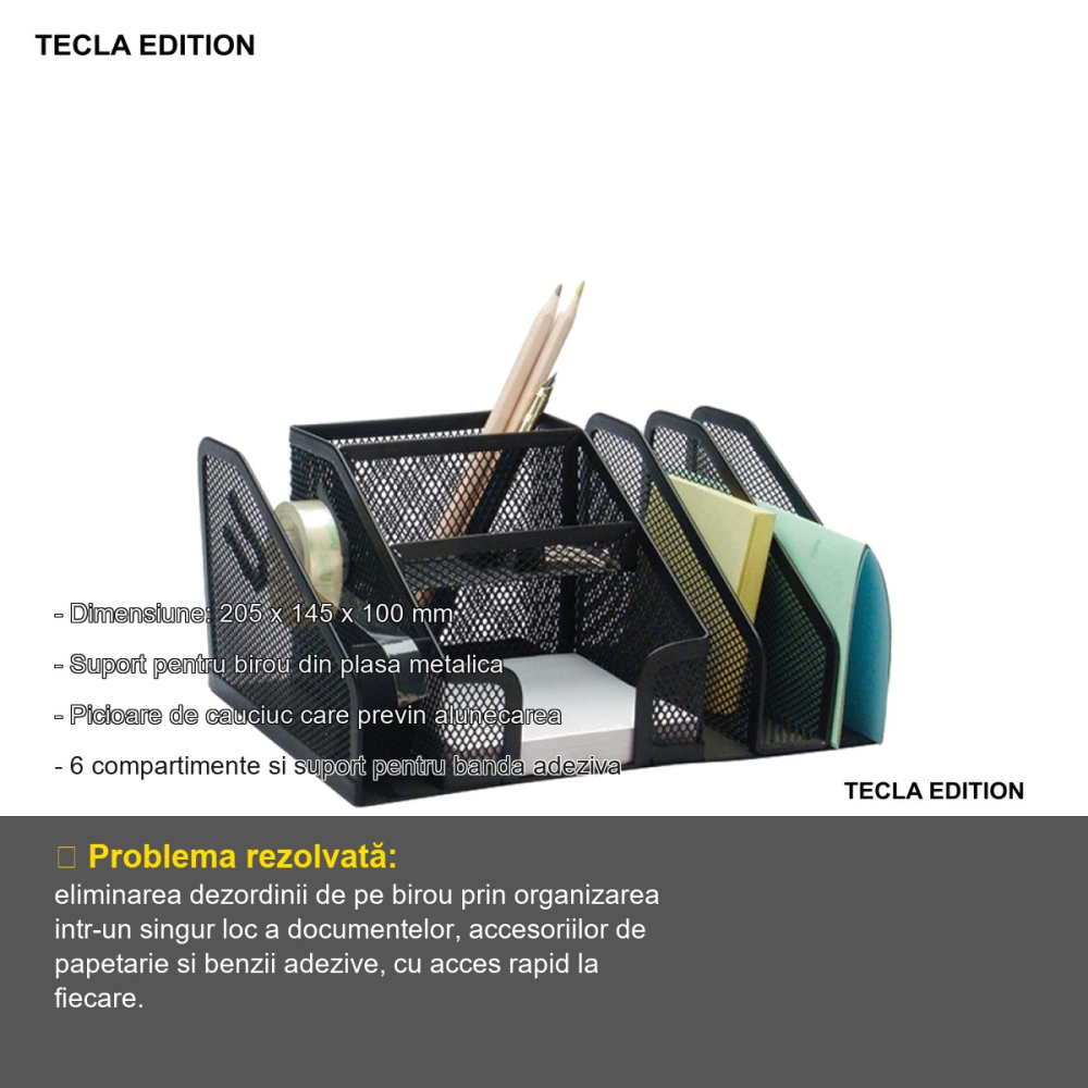 Suport birou multifunctional Tecla Edition, plasa metalica, 6 compartimente si suport banda adeziva, pentru organizare documente si accesorii [2]