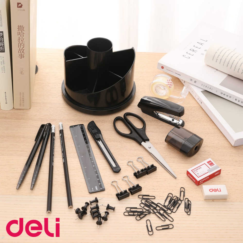 Suport birou rotativ echipat Deli, 7 compartimente cu 16 accesorii, organizator desktop complet [4]
