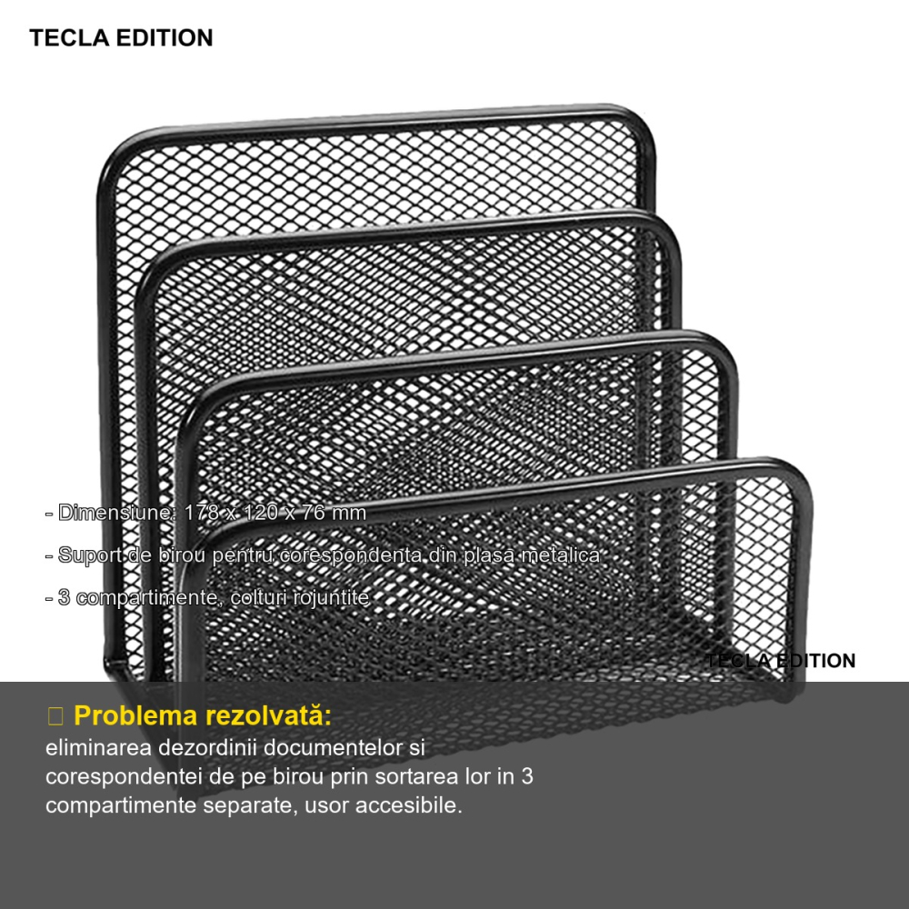 Suport corespondenta metalic cu 3 compartimente Tecla Edition, plasa mesh neagra, pentru birou [2]