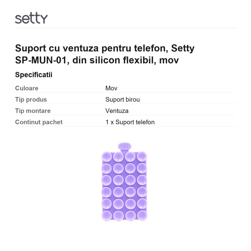 Suport cu ventuza pentru telefon, Setty SP-MUN-01, din silicon flexibil, mov [3]