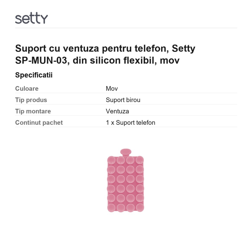 Suport cu ventuza pentru telefon, Setty SP-MUN-03, din silicon flexibil, mov [3]