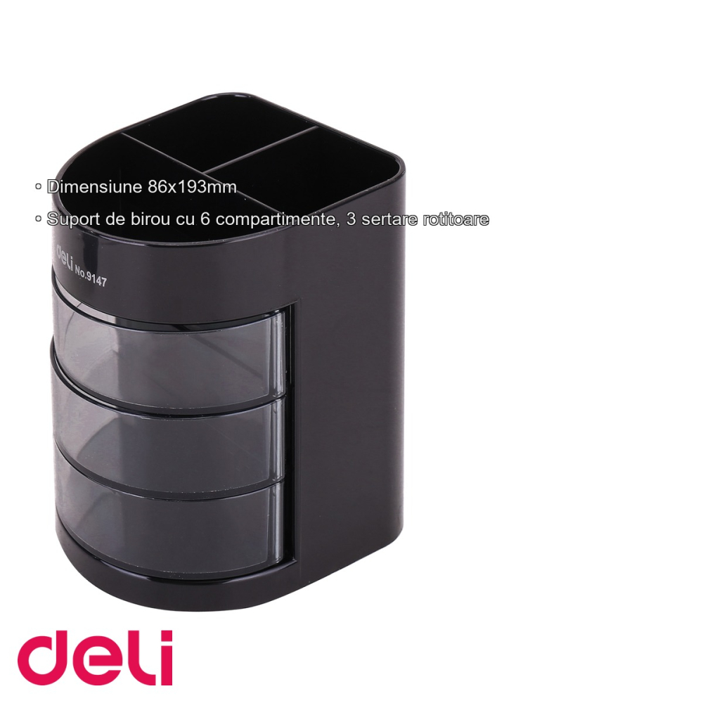 Suport de birou Deli, 6 compartimente si 3 sertare rotitoare, organizator compact pentru accesorii de birou [3]