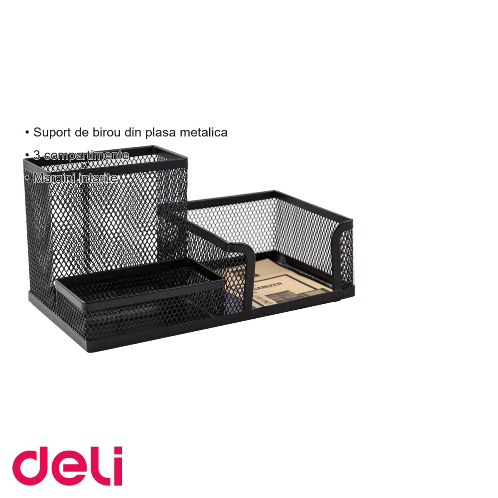 Suport de birou Deli cu 3 compartimente din plasa metalica, organizator documente si accesorii pentru birou [3]