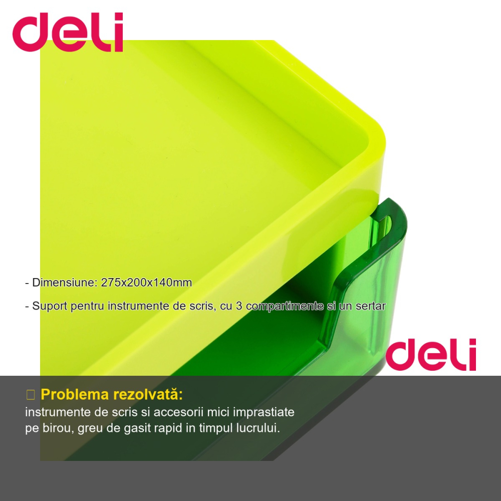 Suport de birou Deli cu 3 compartimente si sertar, organizator pentru instrumente de scris, verde [2]