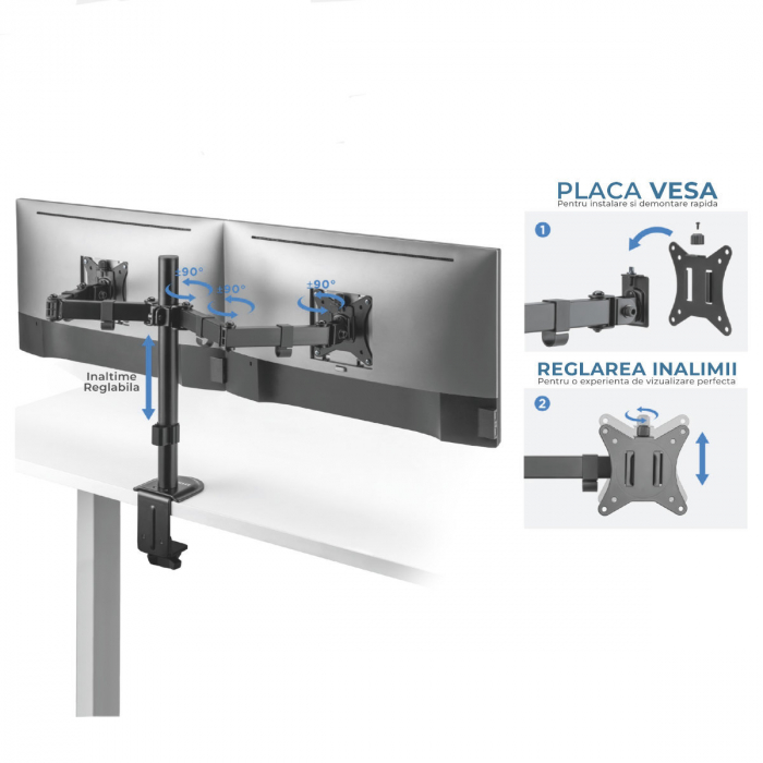 Suport de birou pentru doua monitoare cu brate mobile, 10''- 27'', inaltime maxima 410mm, rotatie 360° si inclinatie 90°, VESA 75x75 - 100x100, max. 2 x 8 kg, negru [4]