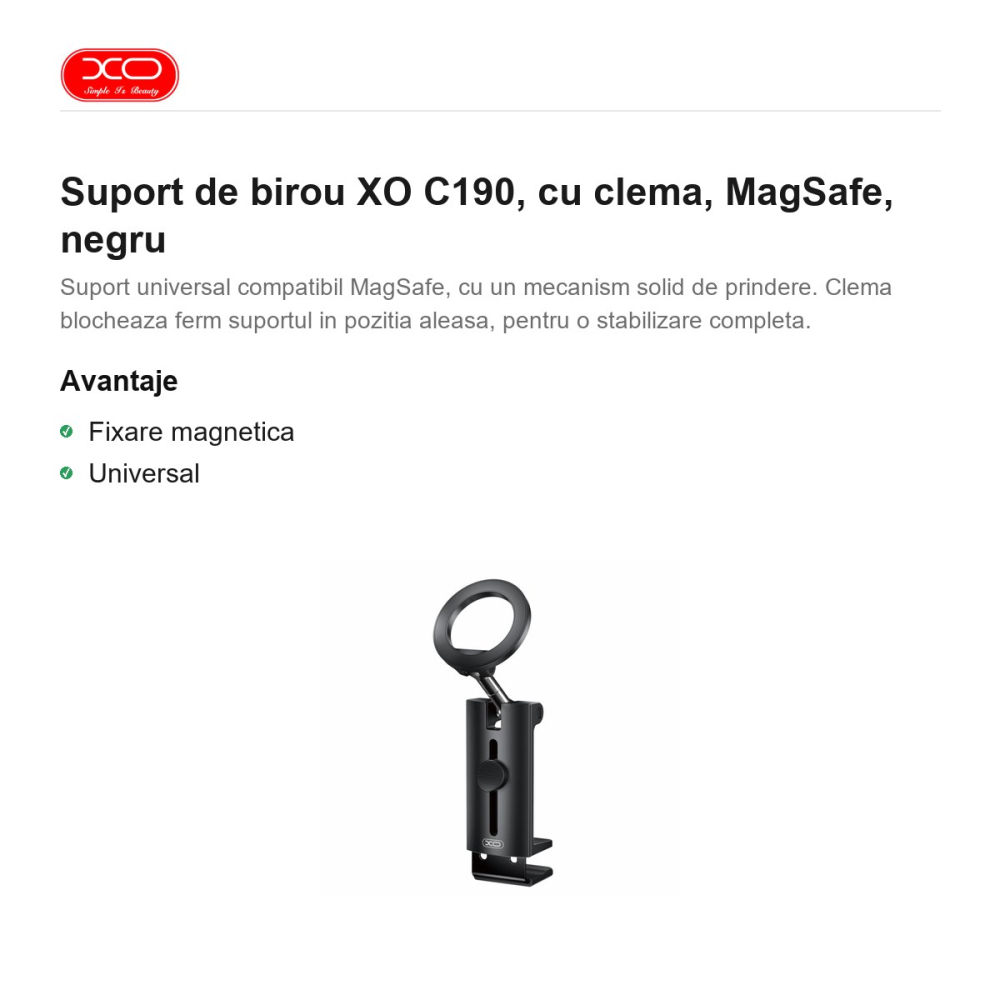Suport de birou XO C190, cu clema, MagSafe, negru [2]