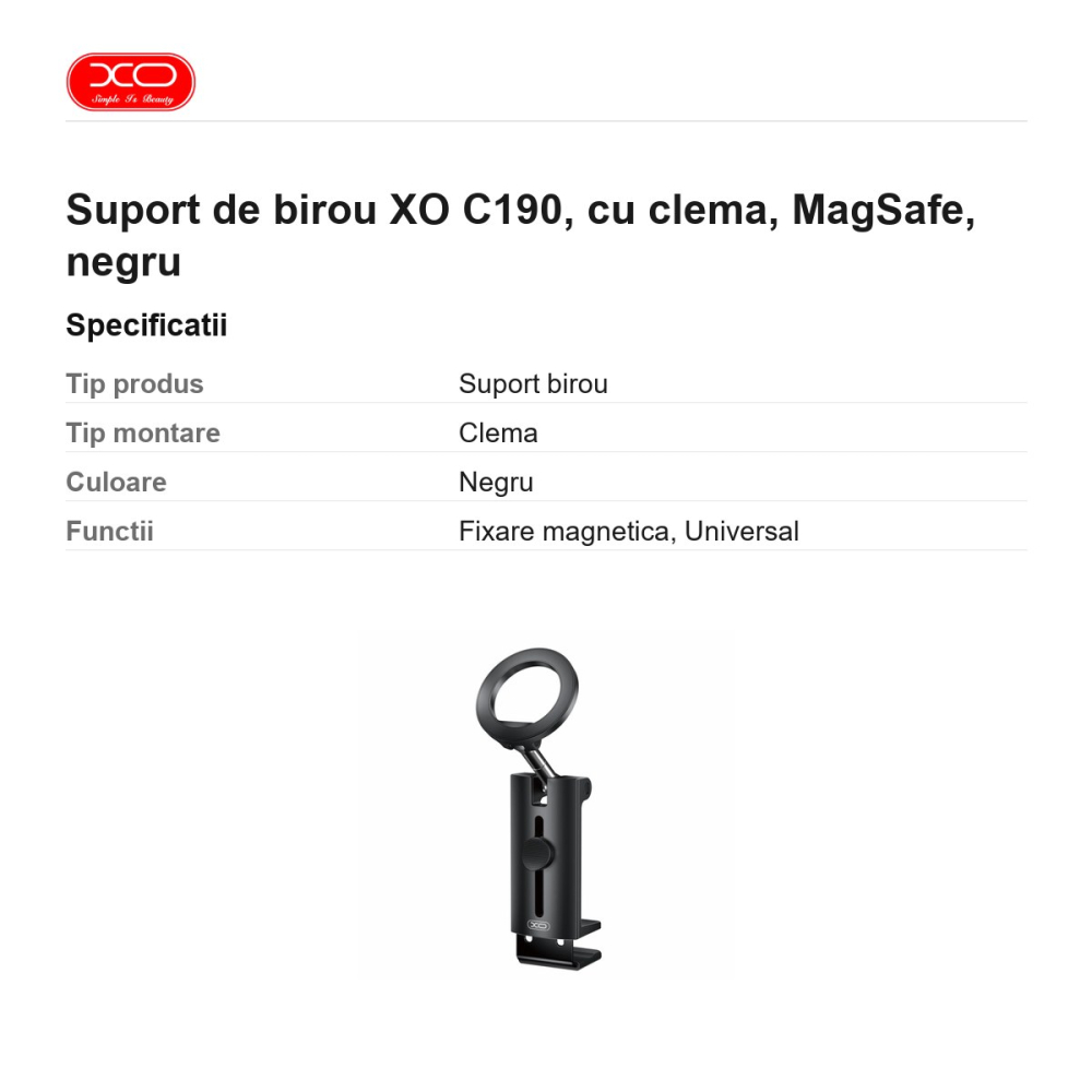 Suport de birou XO C190, cu clema, MagSafe, negru [3]