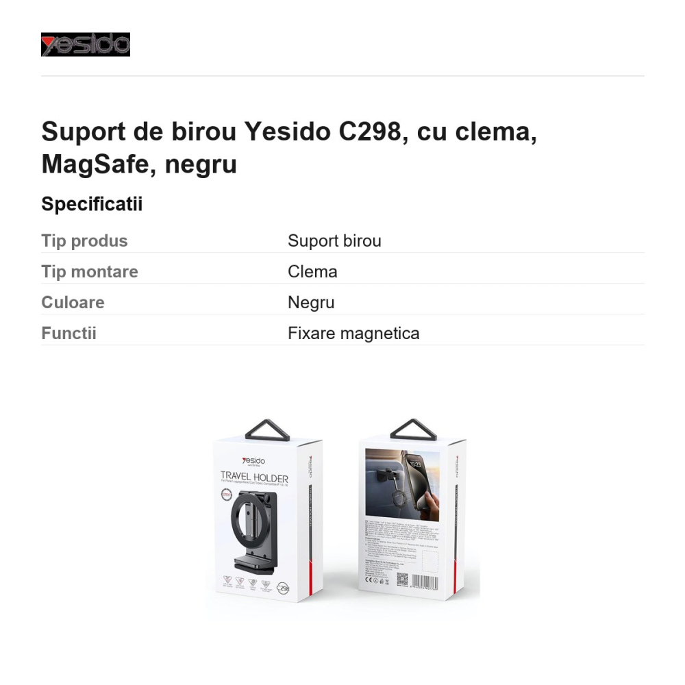 Suport de birou Yesido C298, cu clema, MagSafe, negru [3]