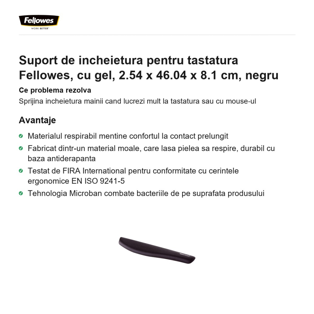 Suport de incheietura pentru tastatura Fellowes, cu gel, 2.54 x 46.04 x 8.1 cm, negru [2]
