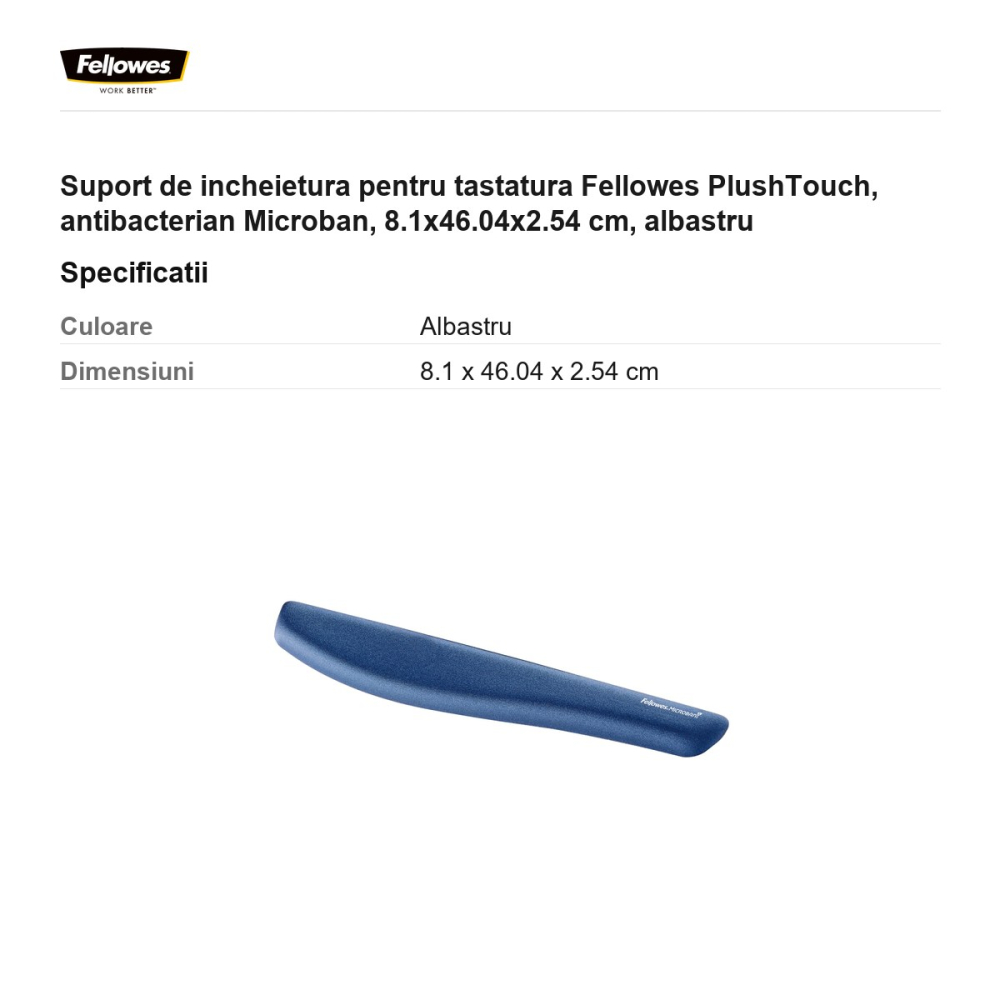 Suport de incheietura pentru tastatura Fellowes PlushTouch, antibacterian Microban, 8.1x46.04x2.54 cm, albastru [3]