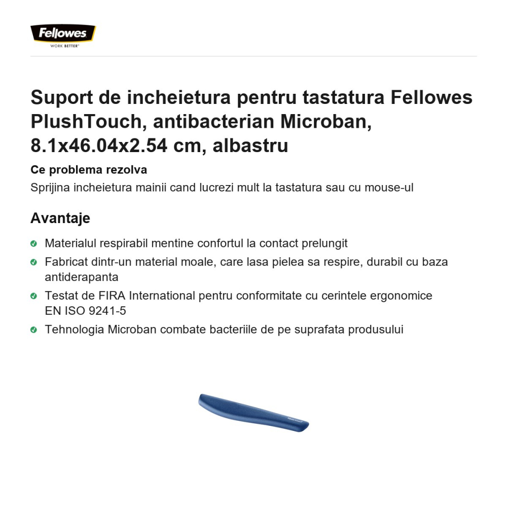 Suport de incheietura pentru tastatura Fellowes PlushTouch, antibacterian Microban, 8.1x46.04x2.54 cm, albastru [2]