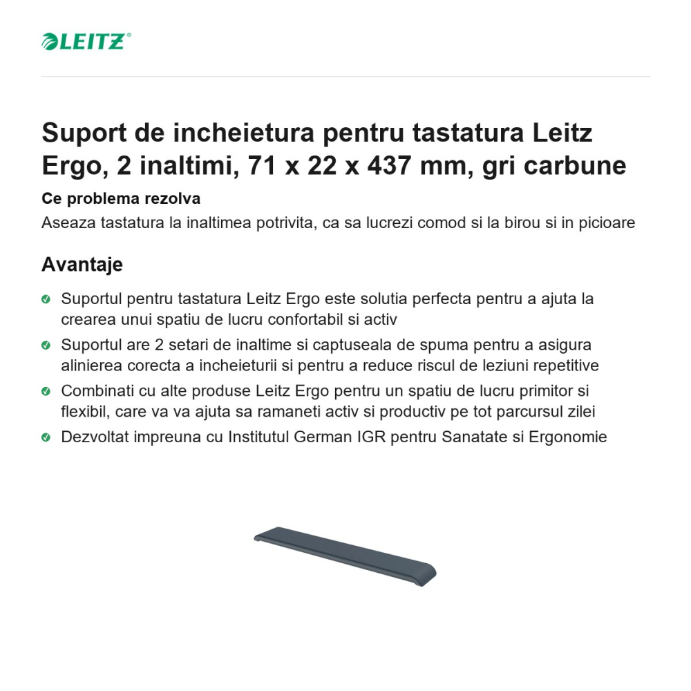 Suport de incheietura pentru tastatura Leitz Ergo, 2 inaltimi, 71 x 22 x 437 mm, gri carbune [2]
