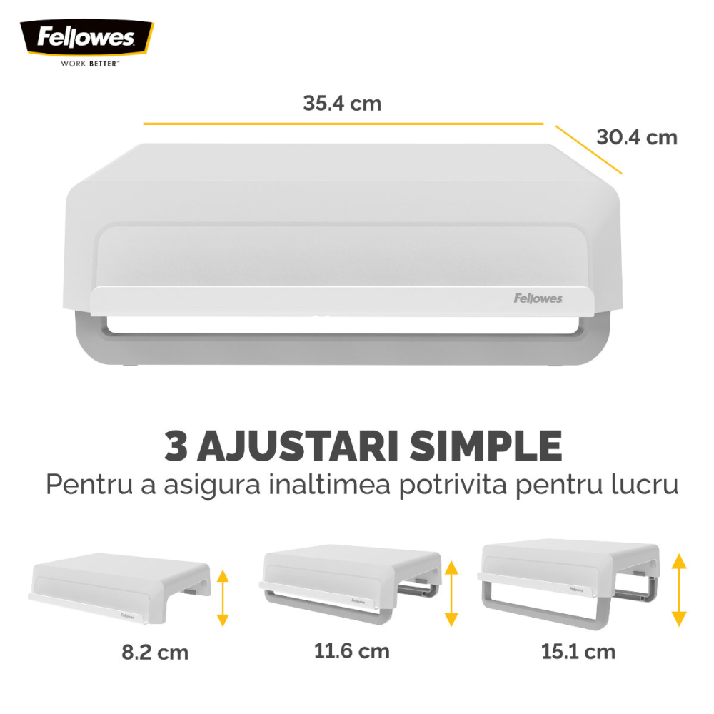 Suport de monitor ergonomic, Fellowes Breyta, 3 inaltimi reglabile, portabil, pentru monitoare pana la 15 kg, alb [2]