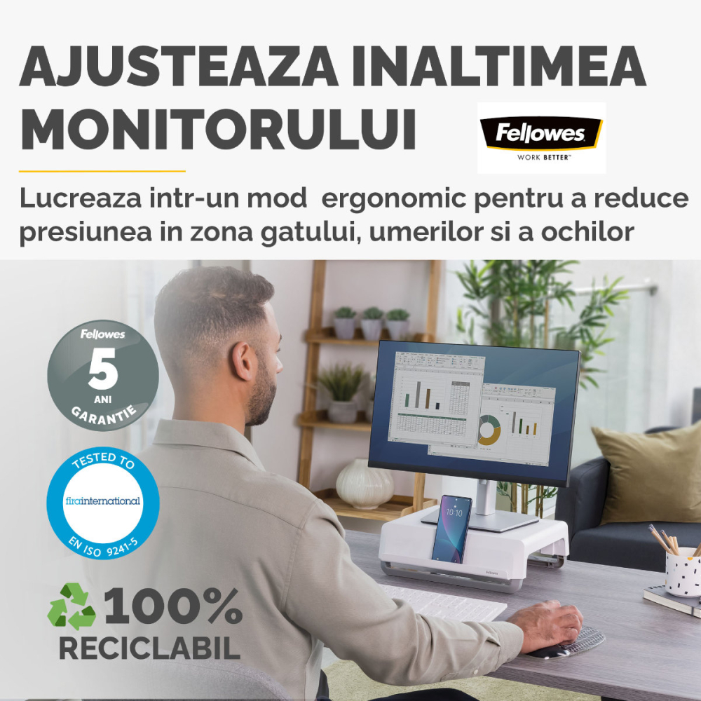 Suport de monitor ergonomic, Fellowes Breyta, 3 inaltimi reglabile, portabil, pentru monitoare pana la 15 kg, alb [3]