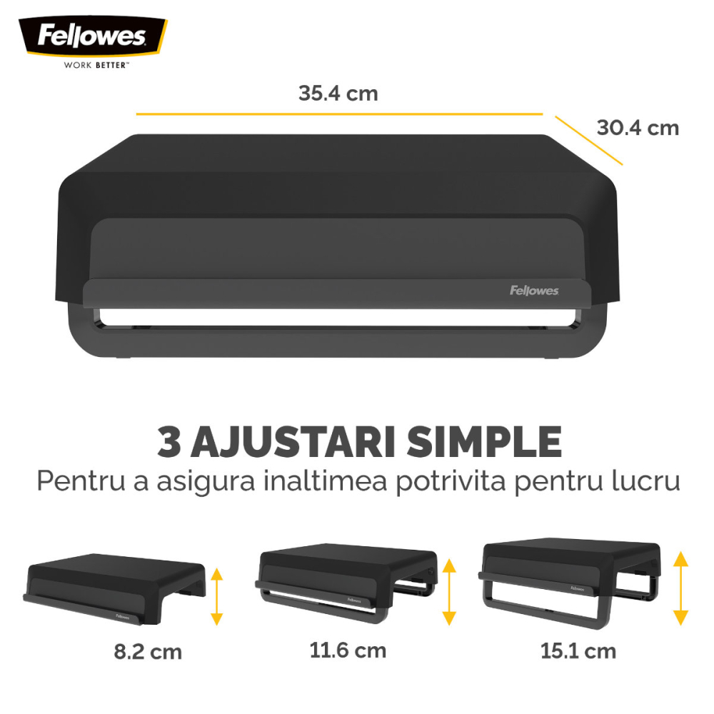 Suport de monitor ergonomic, Fellowes Breyta, 3 inaltimi reglabile, portabil, pentru monitoare pana la 15 kg, negru [2]