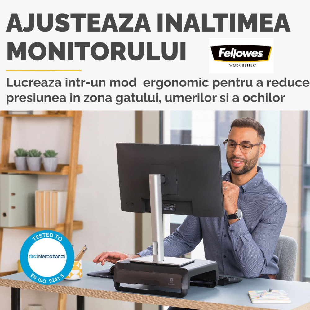 Suport de monitor ergonomic, Fellowes Breyta, 3 inaltimi reglabile, portabil, pentru monitoare pana la 15 kg, negru [3]