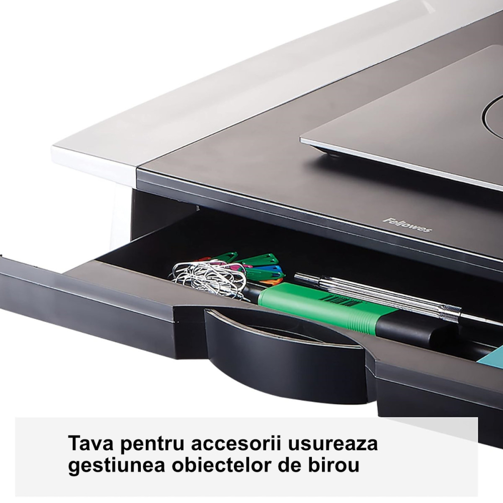 Suport de monitor reglabil, Fellowes, pentru monitoare CRT si LCD pana la 36 kg, 5 inaltimi, tava accesorii, depozitare laptop sub suport [6]