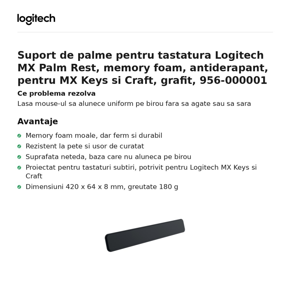 Suport de palme pentru tastatura Logitech MX Palm Rest, memory foam, antiderapant, pentru MX Keys si Craft, grafit, 956-000001 [2]