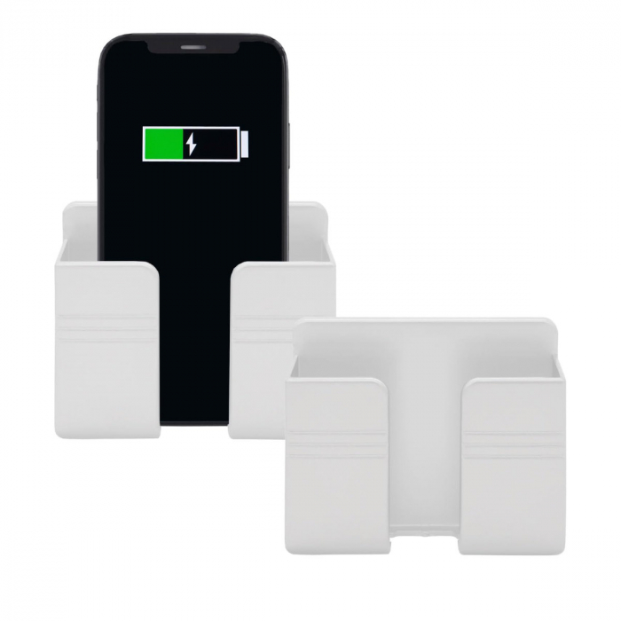 Suport de perete pentru smartphone si alte obiecte, prindere cu banda adeziva, 4 gauri de montare, organizare cabluri, din plastic alb [2]