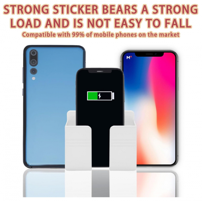Suport de perete pentru smartphone si alte obiecte, prindere cu banda adeziva, 4 gauri de montare, organizare cabluri, din plastic alb [5]