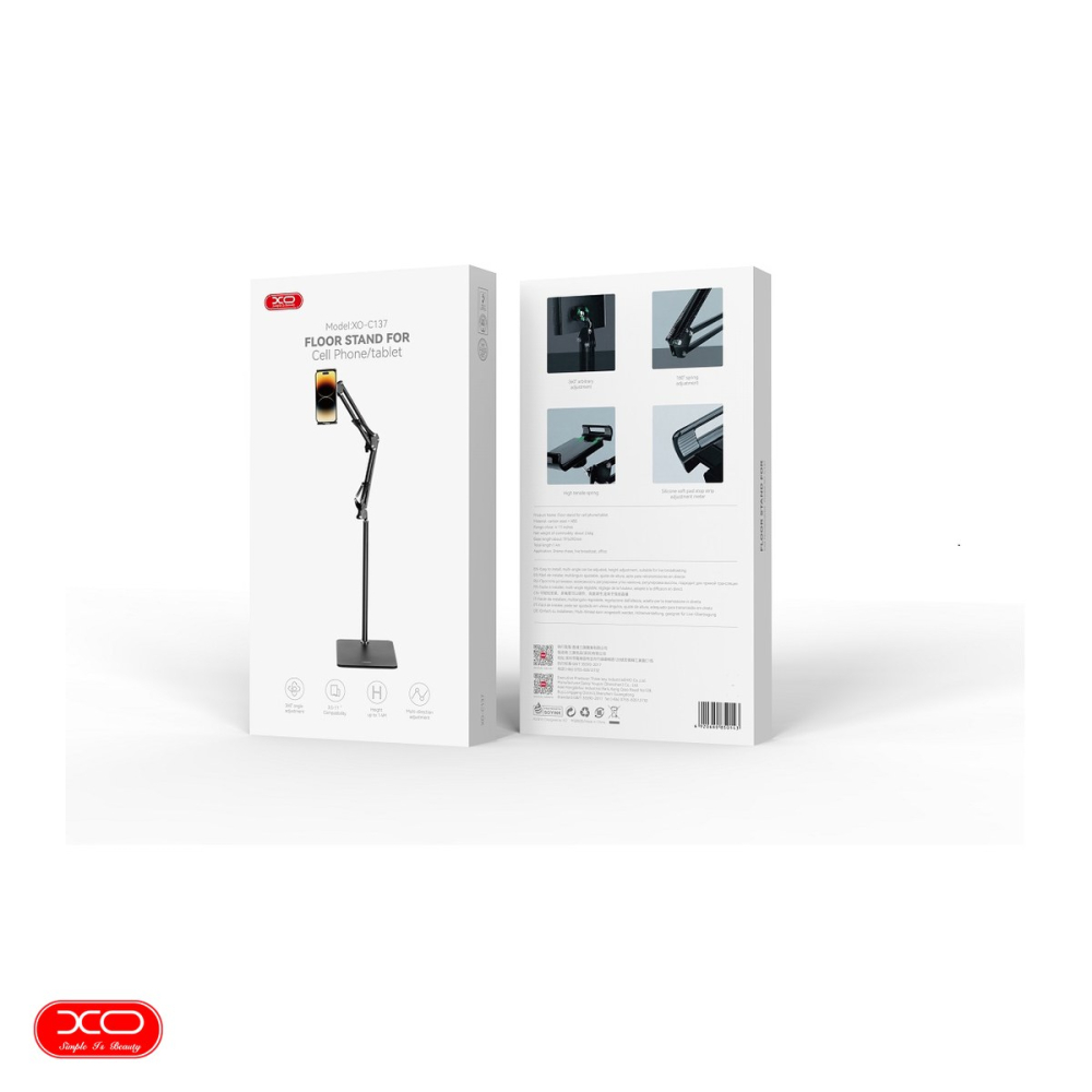 Suport de podea pentru smartphone si tableta, XO holder stand C137, unghi reglabil 360°, inaltime pana la 175cm, Negru [5]