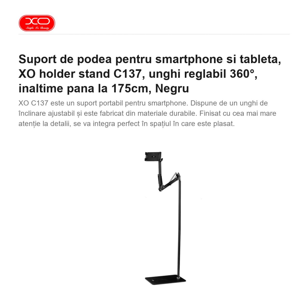 Suport de podea pentru smartphone si tableta, XO holder stand C137, unghi reglabil 360°, inaltime pana la 175cm, Negru [2]