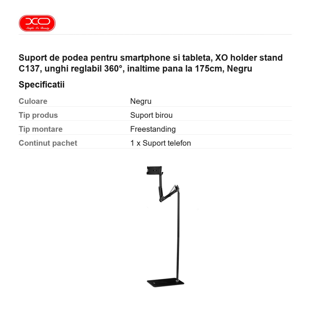 Suport de podea pentru smartphone si tableta, XO holder stand C137, unghi reglabil 360°, inaltime pana la 175cm, Negru [3]
