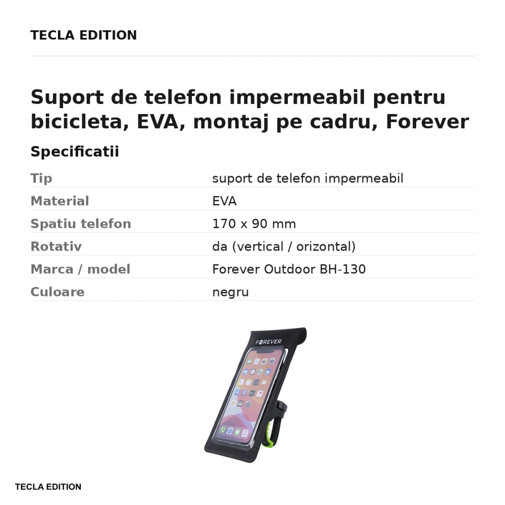 Suport de telefon impermeabil pentru bicicleta, EVA, montaj pe cadru, Forever Outdoor BH-130, negru [3]