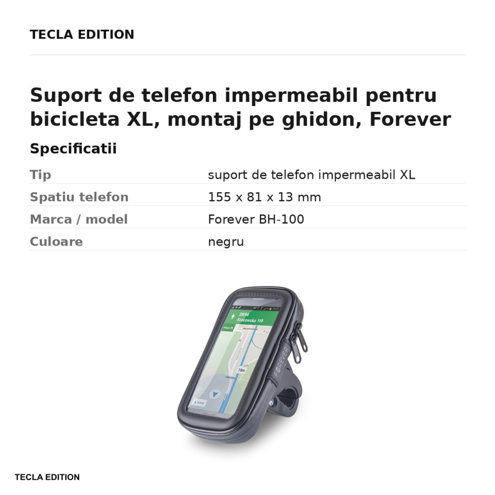 Suport de telefon impermeabil pentru bicicleta XL, montaj pe ghidon, Forever BH-100, negru [3]