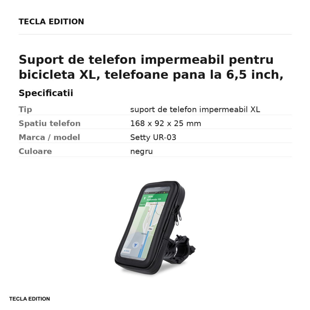 Suport de telefon impermeabil pentru bicicleta XL, telefoane pana la 6,5 inch, folie tactila, Setty UR-03, negru [3]