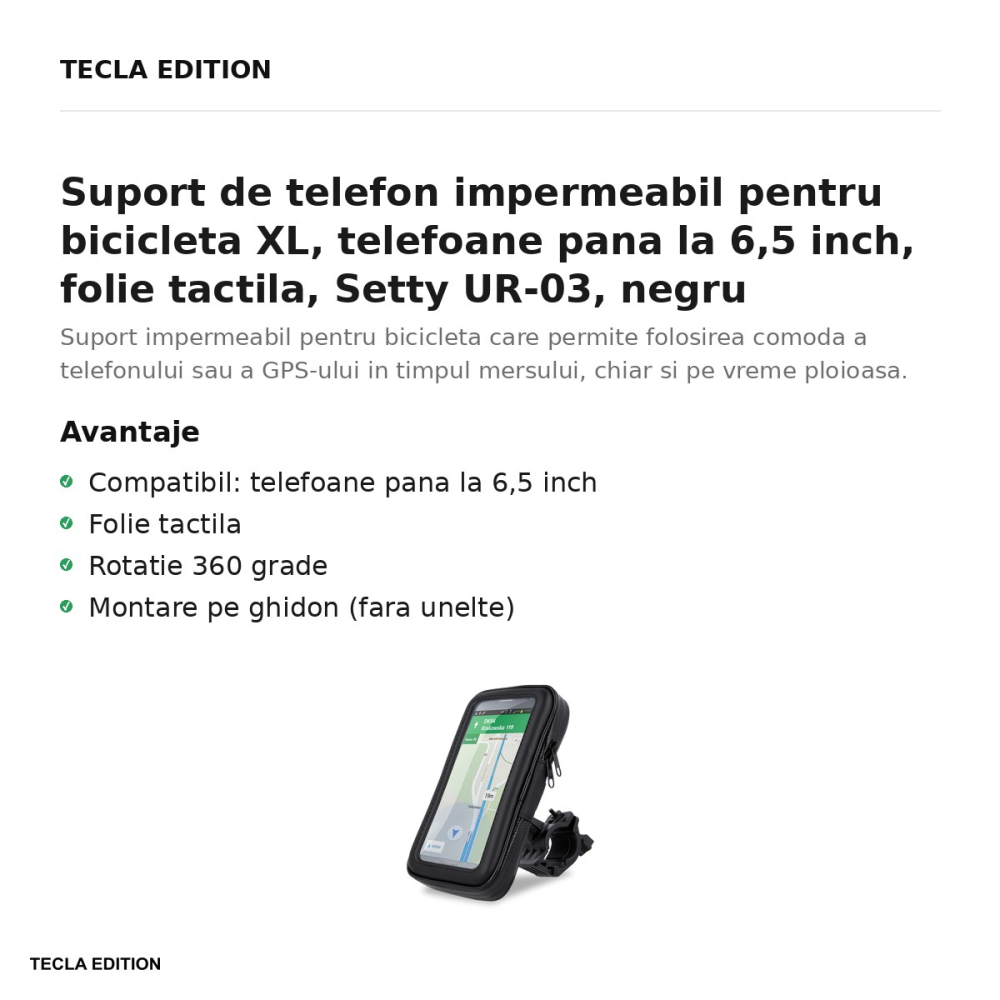 Suport de telefon impermeabil pentru bicicleta XL, telefoane pana la 6,5 inch, folie tactila, Setty UR-03, negru [2]