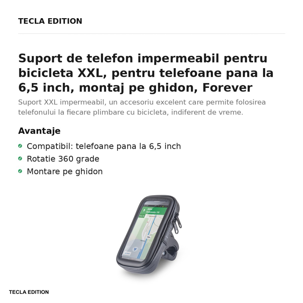 Suport de telefon impermeabil pentru bicicleta XXL, pentru telefoane pana la 6,5 inch, montaj pe ghidon, Forever BH-100, negru [2]