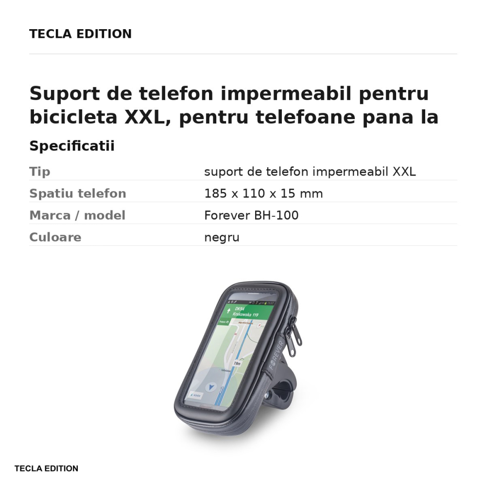 Suport de telefon impermeabil pentru bicicleta XXL, pentru telefoane pana la 6,5 inch, montaj pe ghidon, Forever BH-100, negru [3]
