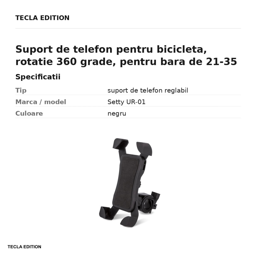 Suport de telefon pentru bicicleta, rotatie 360 grade, pentru bara de 21-35 mm, dispozitive cu diagonala 12,5-20 cm, Setty UR-01, negru [3]